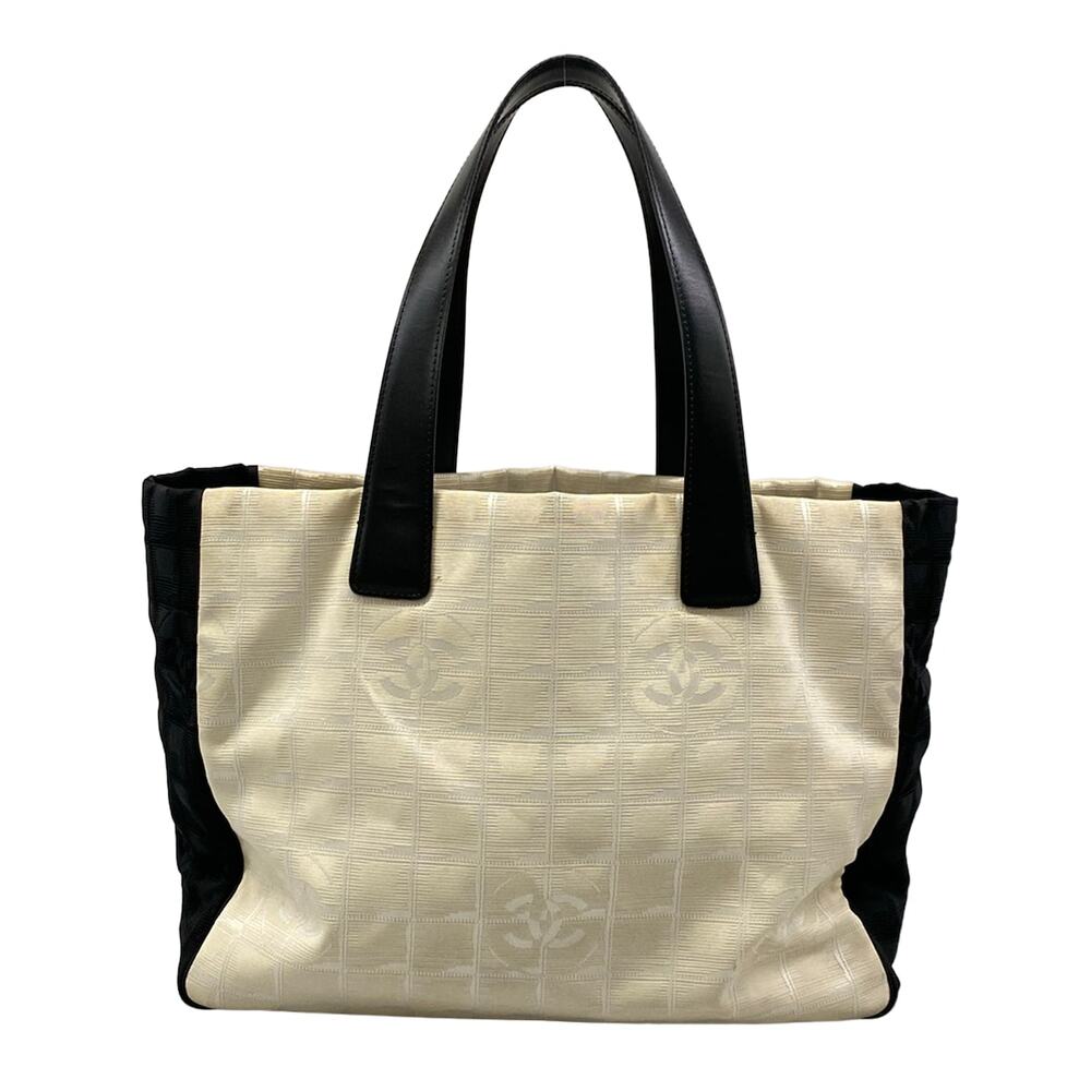 Chanel New Travel Line Tote MM Tote Bag Cream Black Nylon Jacquard Leather